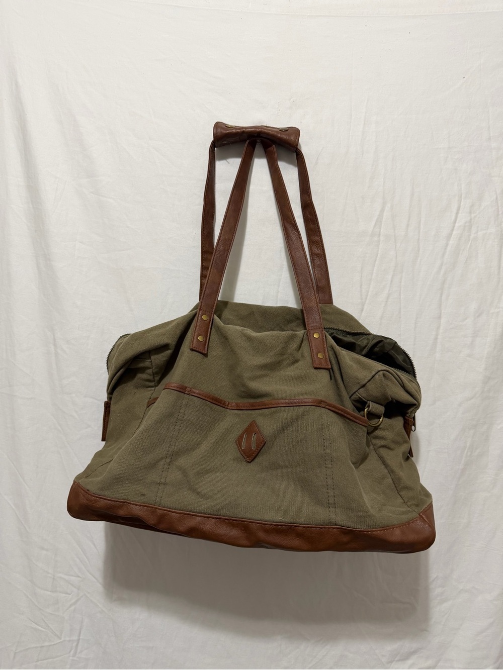 Mossimo Supply Army Green Weekender Bag Leather Straps Medium Travel Bag